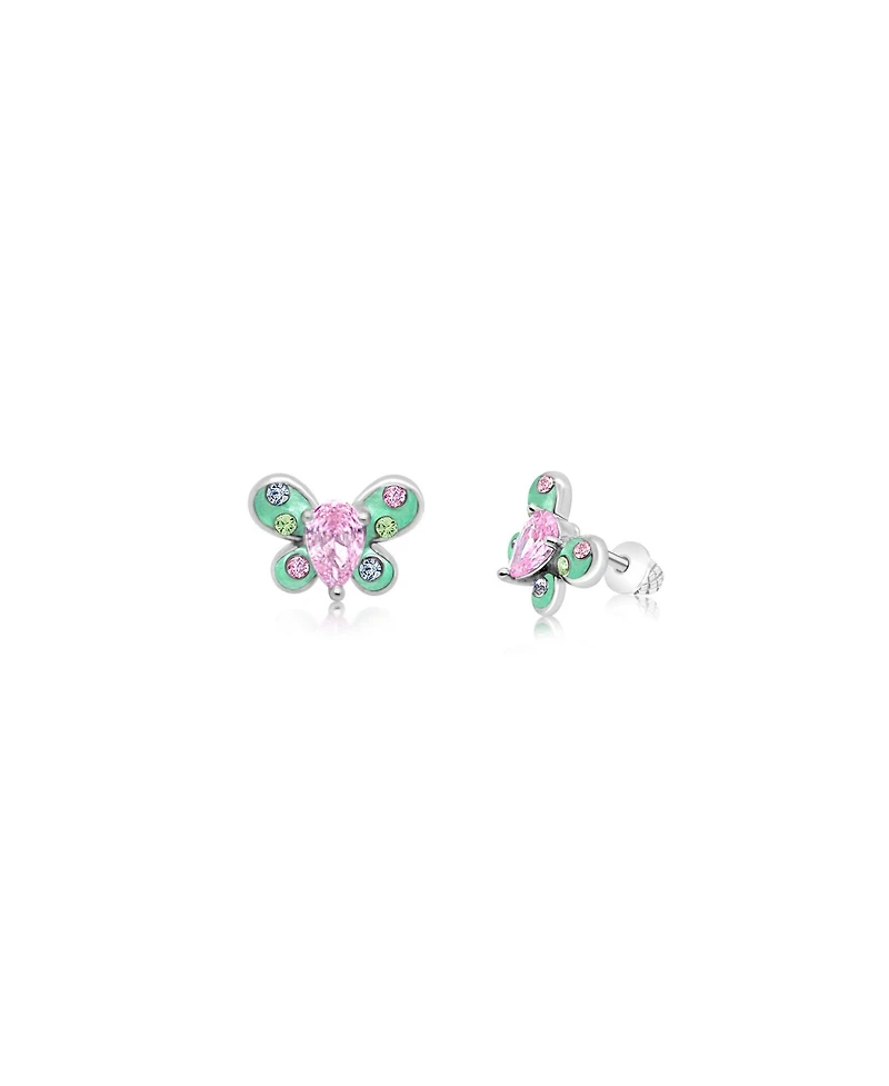 Chanteur Girls /Girl/Butterfly Pink Green Crystal White Gold Palladium Plating Screwstud Earring
