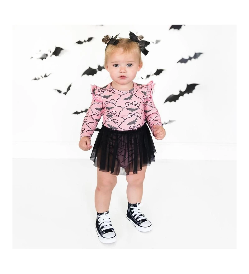 Sweet Wink Baby Girls Bat Trellis Printed Halloween Long Sleeve Tutu Bodysuit