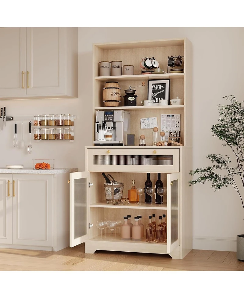 gaomon Kitchen Pantry Cabinet, 62 Inch Freestanding Hutch Cupboard with Large Countertop, Glass Doors, Drawer and Adjustable Shelves, Microwave Cabine