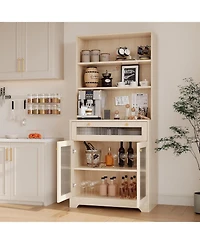 gaomon Kitchen Pantry Cabinet, 62 Inch Freestanding Hutch Cupboard with Large Countertop, Glass Doors, Drawer and Adjustable Shelves, Microwave Cabine