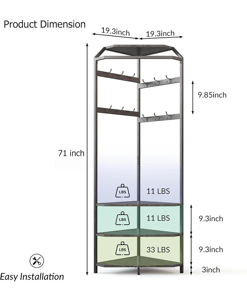 gaomon Corner Coat Rack with Shoe Bench Entryway and 12 Double Hooks, Corner Hall Tree
