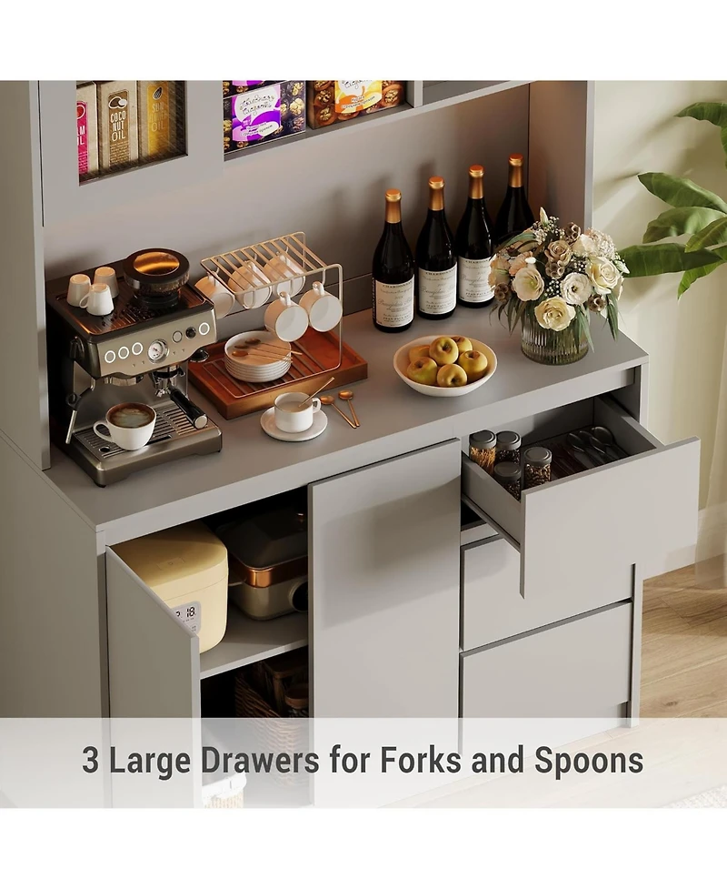 gaomon Kitchen Pantry Cabinet,71" Tall Storage Cabinet with Doors and Shelves Adjustable, Kitchen Storage Hutch with Microwave Shelf, Led Lights and C