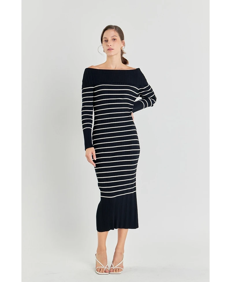 endless rose Women's Off Shoulder Fold Striped Maxi Dress