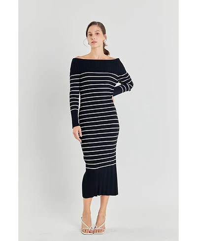 endless rose Women's Off Shoulder Fold Striped Maxi Dress