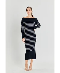 endless rose Women's Off Shoulder Fold Striped Maxi Dress