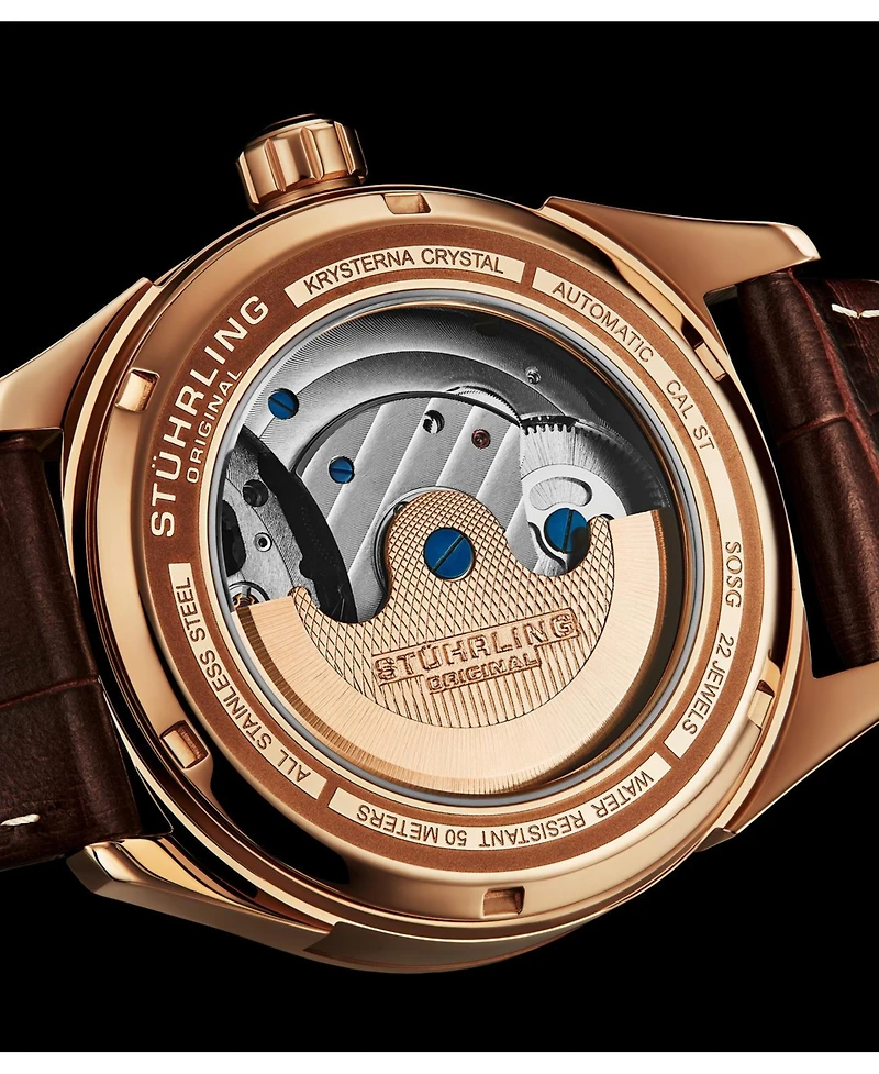 Stuhrling Vanguard 1019.03 Legacy Collection Dual Time Automatic Skeleton Watch 42mm Rose Gold Tone Brown Dial Leather Strap