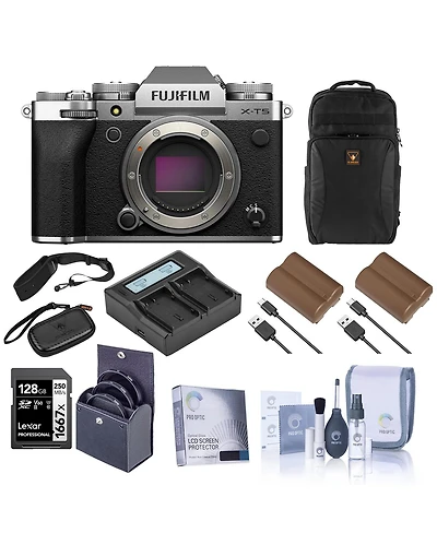 Fujifilm X-T5 Mirrorless Camera, Silver with Xf 16-50mm f/2.8-4.8 R Lm Wr Lens, Bundle with 128GB Memory Card, Backpack, 2x Battery, Smart Charger, 2x