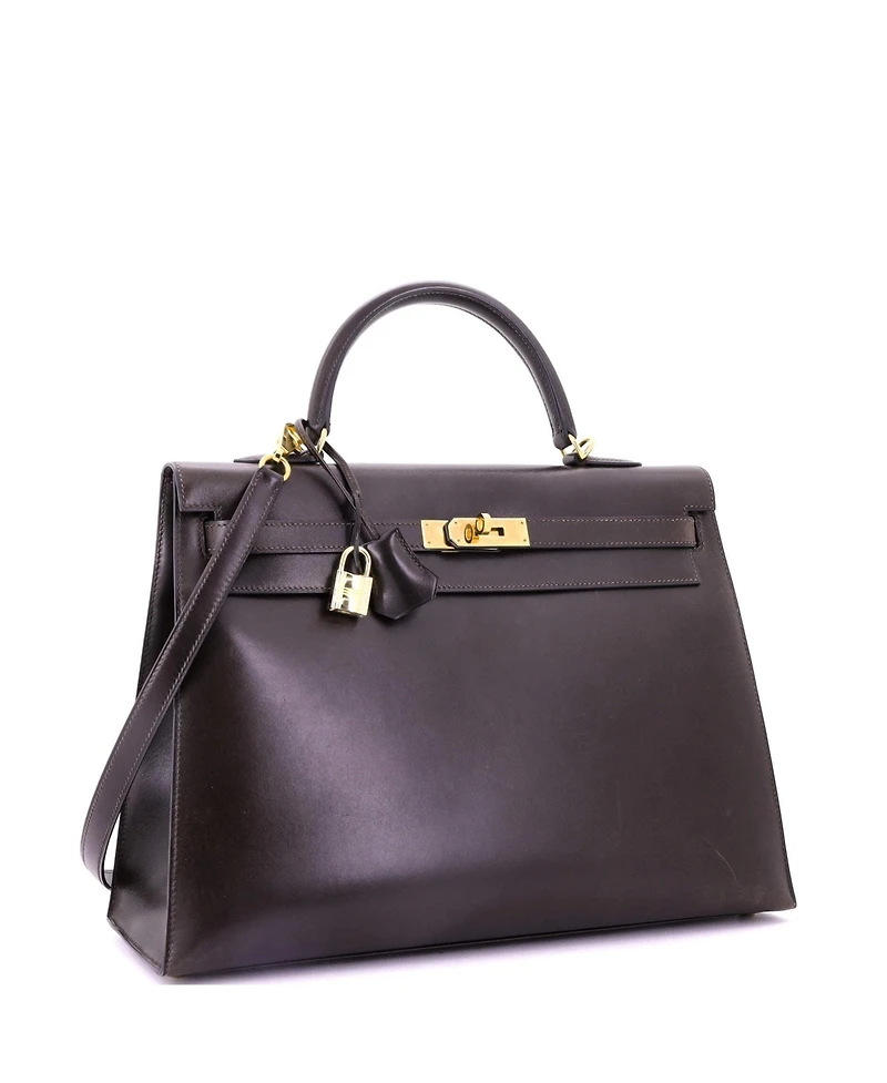 Pre-Owned Hermes Kelly 35 Handbag Brown Box Calf with Gold Hardware