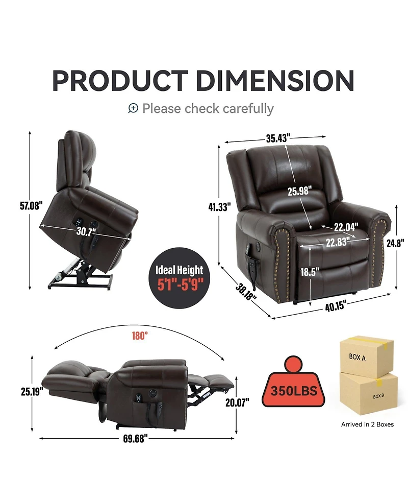 Clihome Power Lift Recliner Chair Heat Massage Dual Motor Infinite Position Up to 350 Lbs Genuine Leather Heavy Duty Motion Mechanism with Usb Ports B