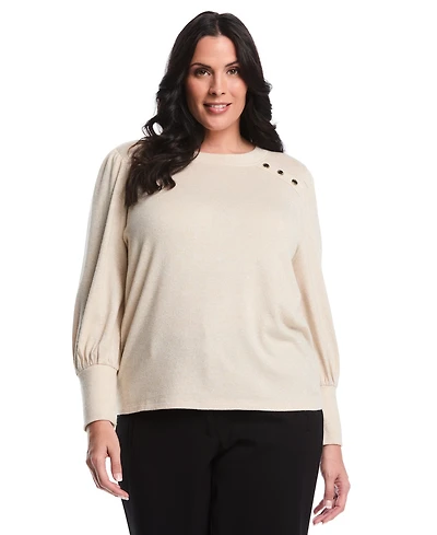 Rafaella Plus Metallic Puff Long Sleeve Crew Neck Top