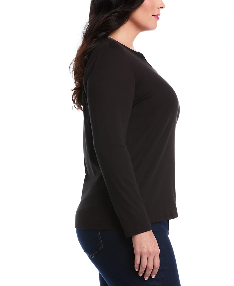 Rafaella Plus Woven Trim Split V-Neck Long Sleeve Top