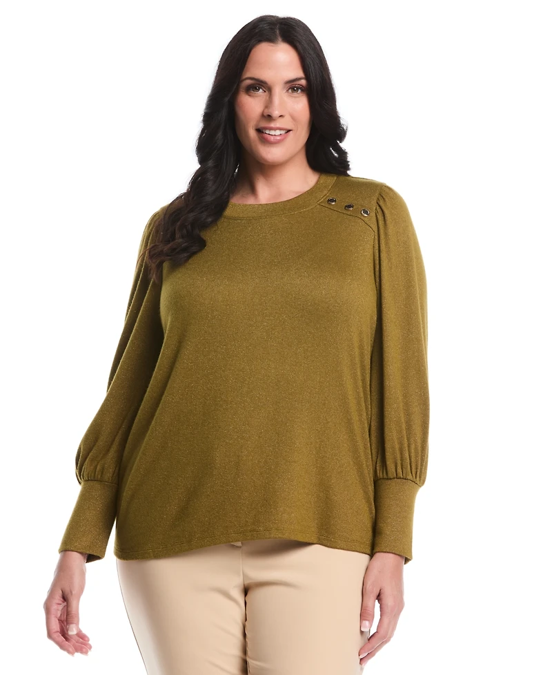Rafaella Plus Metallic Puff Long Sleeve Crew Neck Top