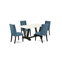 East West Furniture 5-Piece Stylish Dinette Set an Excellent Linen White dining table Top and 4 Excellent Linen Fabric Dining Chairs with Nail Heads a