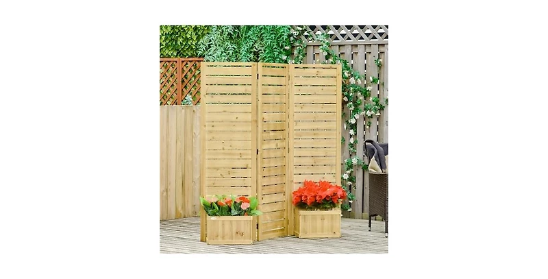 3-Panel Fir Wood Outdoor Privacy Screen with 4 Garden Bed Planters for Patio