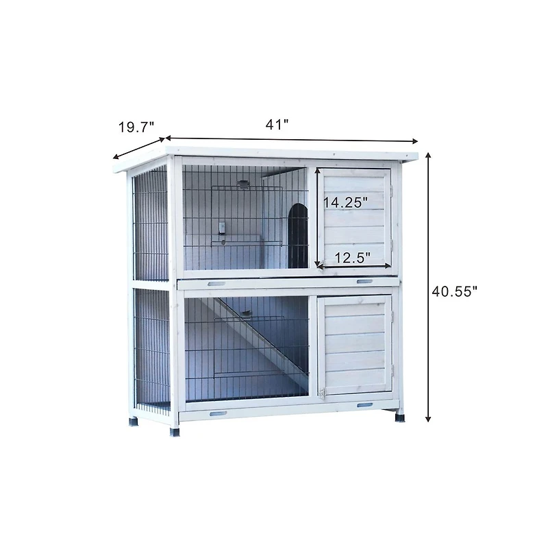 Aostirmotor 41" Outdoor Wooden Rabbit Hutch with 2 Removable No-Leak Trays Non-Slip Ramp Waterproof Roof in Gray