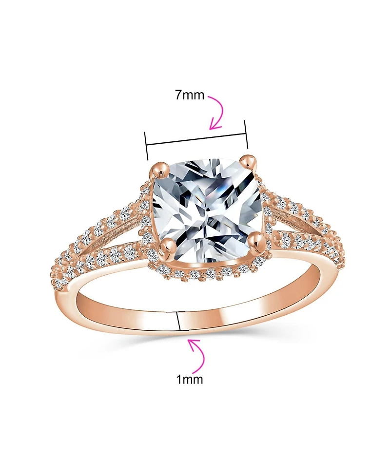 Bling Jewelry Classic 3CTW Cz Cubic Zirconia Halo Solitaire Cushion Cut Promise Ring Pave Split Shank Band Rose Gold Sterling Silver