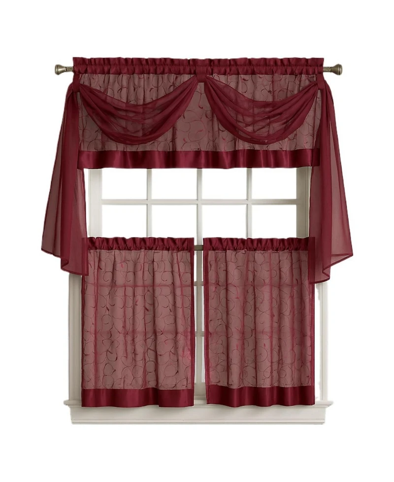 Kate Aurora Living Complete 4 Piece Linen Leaf Embroidered Kitchen Curtain Set - 58 in. W x 36 L, Gold