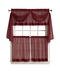 Kate Aurora Living Complete 4 Piece Linen Leaf Embroidered Kitchen Curtain Set - 58 in. W x 36 L, Gold
