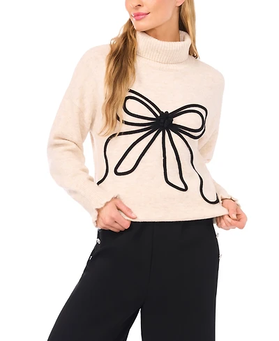 CeCe Women's Embroidered Ribbon Turtleneck Sweater