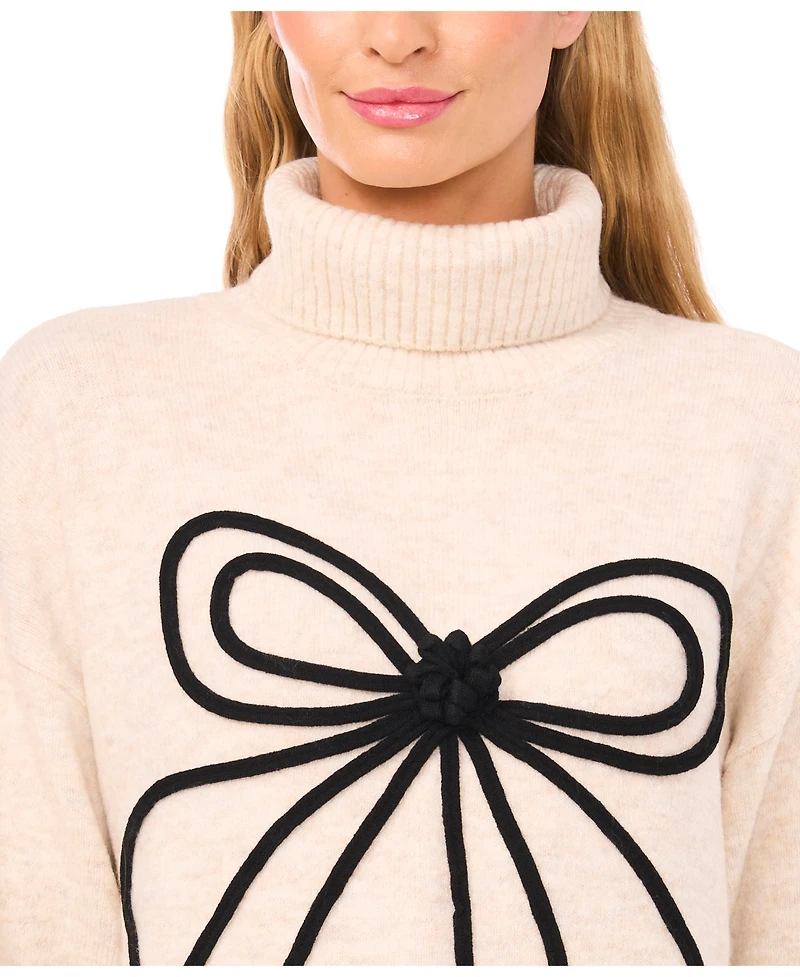 CeCe Women's Embroidered Ribbon Turtleneck Sweater