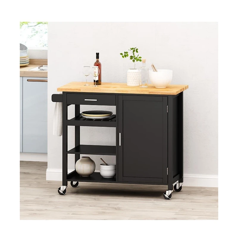 Maison Boucle 41.75" Rolling Kitchen Island with Solid Wood Top, Drawer & Cabinet, Portable Storage Cart Towel Rack-Maison