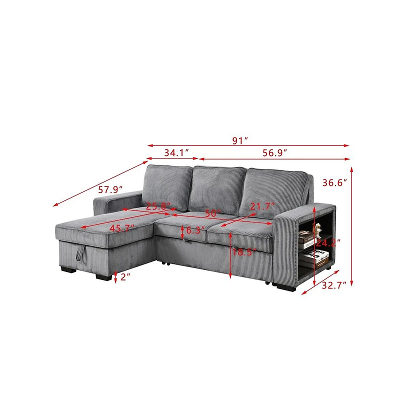 Modern Pull-Out Sofa Bed with Storage Chaise, Usb Charging & Bookshelf Arm, Sleeper Sectional Couch for Small Spaces-Maison Boucle