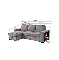 Modern Pull-Out Sofa Bed with Storage Chaise, Usb Charging & Bookshelf Arm, Sleeper Sectional Couch for Small Spaces-Maison Boucle