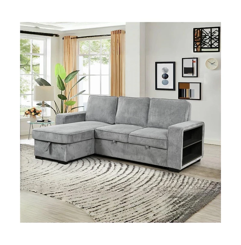 Modern Pull-Out Sofa Bed with Storage Chaise, Usb Charging & Bookshelf Arm, Sleeper Sectional Couch for Small Spaces-Maison Boucle