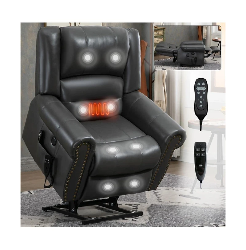 Faux Leather Power Lift Recliner with Massage & Heat, Usb Ports, Dual Motor Infinite Position Electric Chair-Maison Boucle