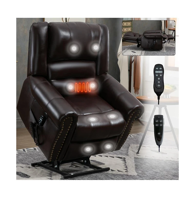 Faux Leather Power Lift Recliner with Massage & Heat, Usb Ports, Dual Motor Infinite Position Electric Chair-Maison Boucle