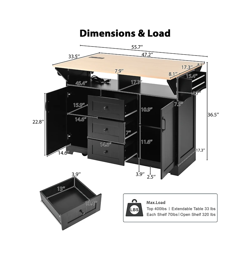 55.7" Rolling Kitchen Island with Dual Drop Leaves, Power Outlet, Storage Drawers & Cabinets-Maison Boucle