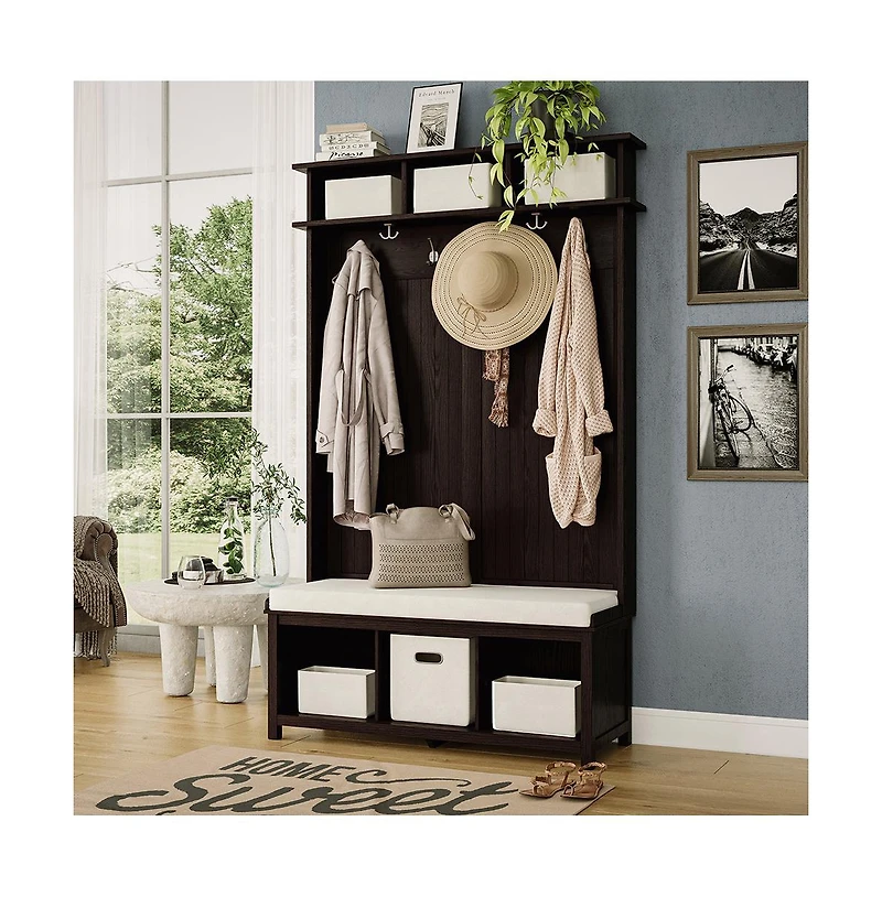 Solid Wood White Hall Tree 8 Pair Shoe Storage Bench 4 Bins and 6 Hooks