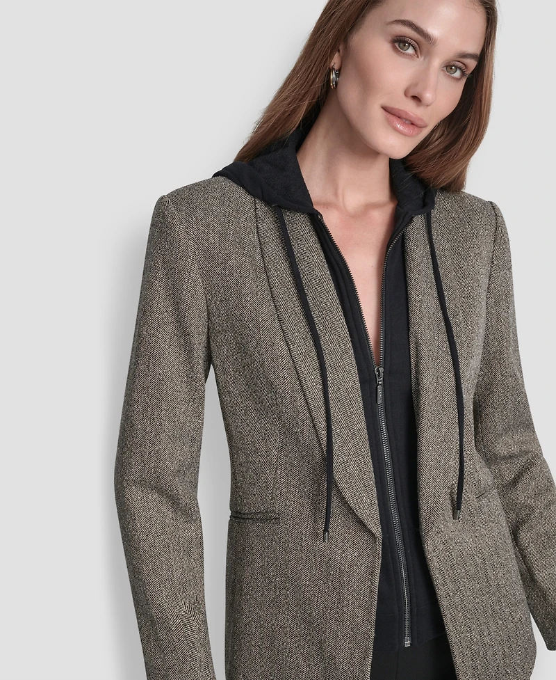 Dkny Petite Herringbone Pattern Fleece Hood Blazer