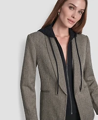 Dkny Petite Herringbone Pattern Fleece Hood Blazer