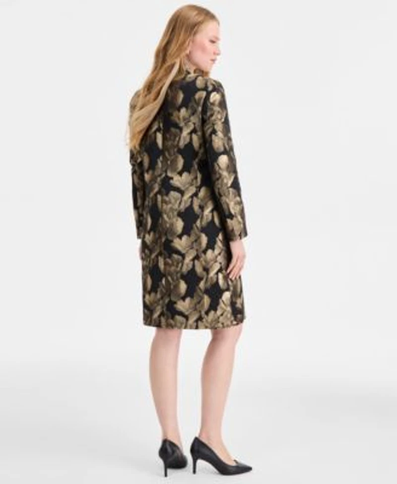 Kasper Womens Metallic Textured Coat Damask Sleeveless Sheath Dress