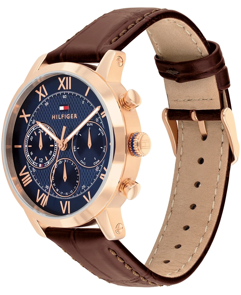 Tommy Hilfiger Men's Multifunction Dark Brown Leather Strap Watch, 42mm