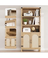 Farmhouse Bookshelves with Rattan Doors, 70" Tall Cutlery Shelves with Three Tiers of Open Storage, Floor Standing Display Shelves, Bookcases for Home