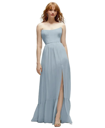 Dessy Collection Strapless Cat-Eye Corset Maxi Dress with Ruffle Hem A-Line Skirt