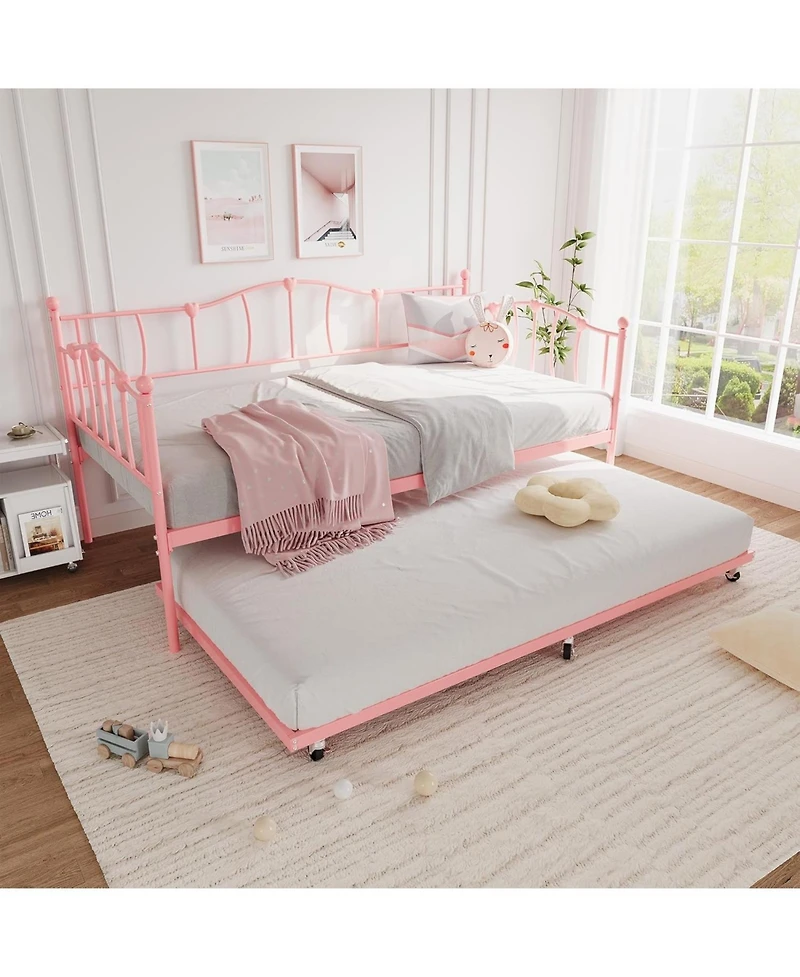 gaomon Metal Daybed with Trundle Bed, Twin Size Day Bed With Premium Metal Frame and Steel Slat Support, Daybed and Roll Out Trundle, Pink