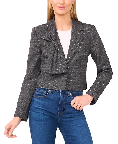 CeCe Women's Cropped Long Sleeve Lapel Bow Blazer