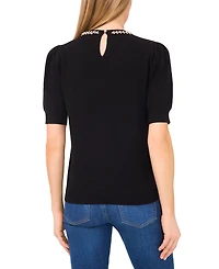 CeCe Women's Embellished Neck Trim Short Sleeve Sweater Top
