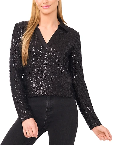 CeCe Women's Sequinned Long Sleeve Polo Top
