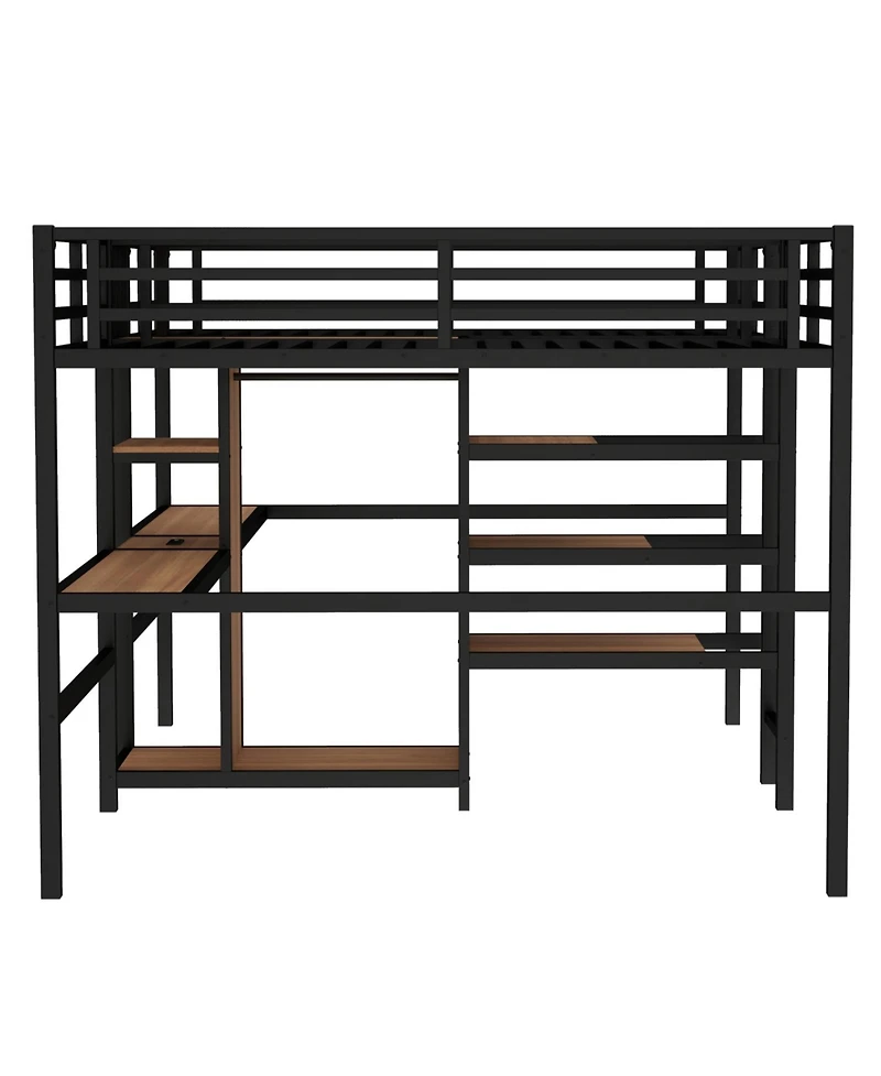 Streamdale Furniture Twin Metal Loft Bed with Desk Wardrobe & Shelves - Woodgrain