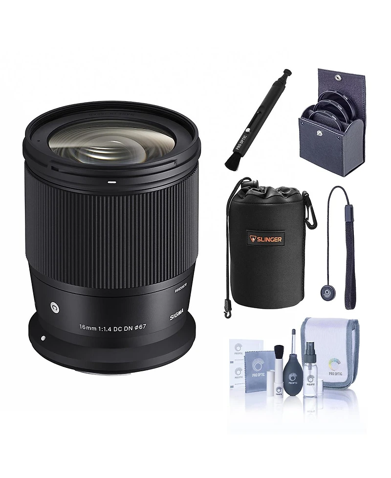 Sigma 16mm f/1.4 Dc Dn Contemporary Lens for Canon Rf, Bundle with 67mm Filter Kit, Neoprene Lens Pouch, Lens Cleaner, Lens Cap Tether and Cleaning