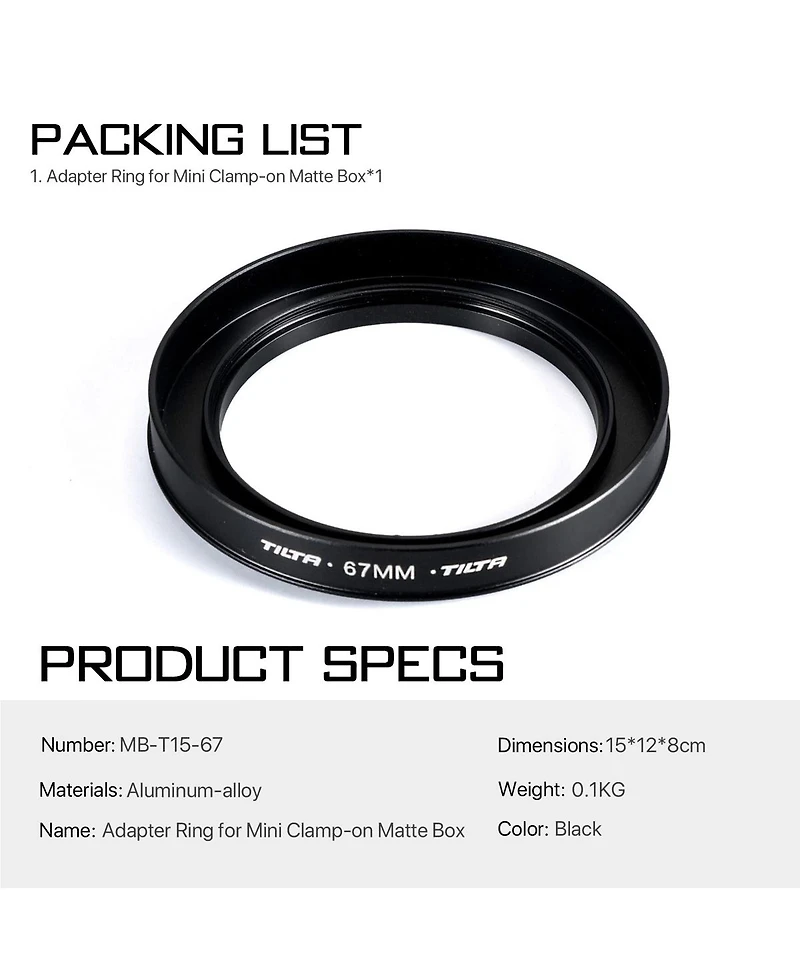 Tilta 67mm Adapter Ring for Mini Clamp-on Matte Box, Black