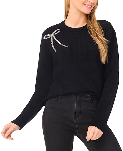 CeCe Women's Oversized Bow Applique Long Sleeves Sweater