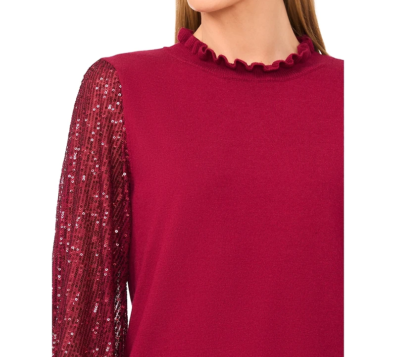 CeCe Women's Ruffle Trim Sequin Long Sleeves Sweater