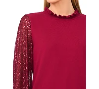 CeCe Women's Ruffle Trim Sequin Long Sleeves Sweater