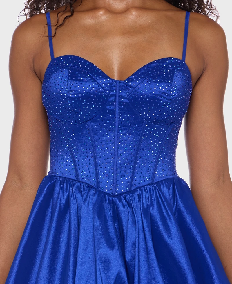 Alex & Sophia Juniors' Rhinestone Strappy Bustier Bodice Dress