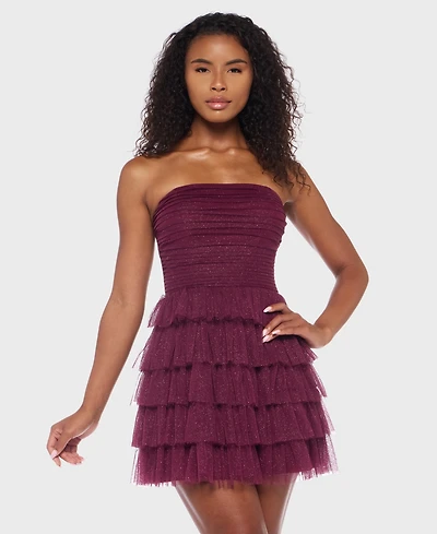 B Darlin Juniors' Strapless Side-Shirred Tiered Glitter Mini Dress